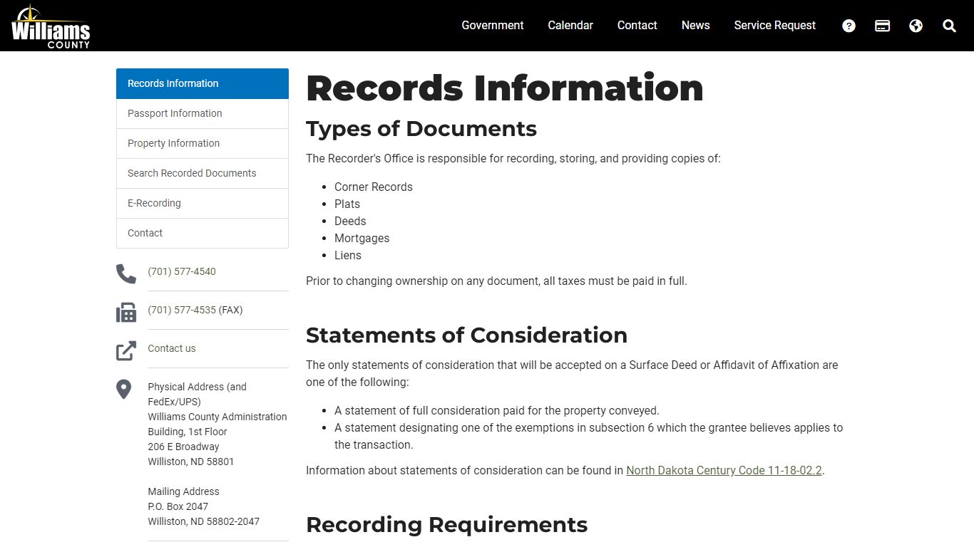 Records Information - Williams County, ND